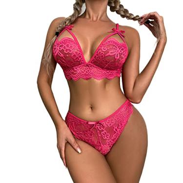 Imagem de Lingerie feminina plus size conjunto de lingerie de renda e calcinha, conjunto de lingerie de renda, Rosa choque, P