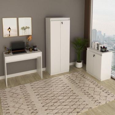 Imagem de Conjunto Home Office 1 Mesa de Escritório com Gaveta 1 Armário Alto 1 Balcão Espresso Móveis Branco