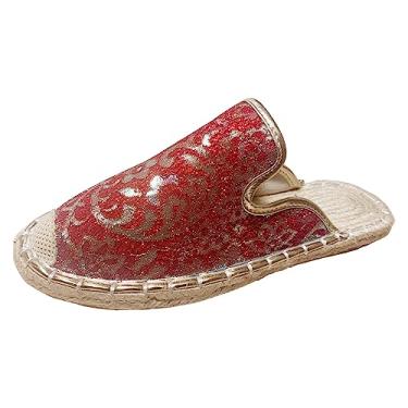 Imagem de Sandálias sociais para mulheres, largas, vazadas, respiráveis, sapatos de pescador, de tecido com fundo plano, casual, confortável, Vermelho, 9