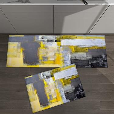 Imagem de Conjunto de 2 tapetes de cozinha abstrata pintura a óleo amarelo cinza para tapetes acolchoados e tapetes antiderrapantes absorventes corredor confortável tapete de pé