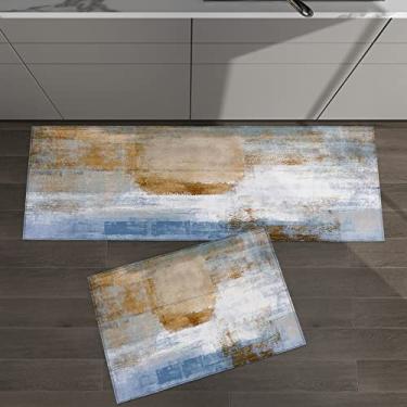 Imagem de Conjunto de 2 tapetes de cozinha pintura a óleo abstrata azul marrom decoração vintage para tapetes acolchoados e tapetes antiderrapantes absorventes corredor confortável tapete de pé