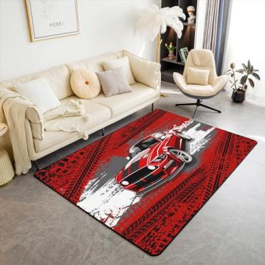 Imagem de Tapete de carro de corrida 150 cm x 200 cm x 1 cm, decoração de esportes radicais vermelho para decoração de esportes radicais para quarto, cabeceira de sala de jogos, bandeira vermelha, grafite, decorativo, para adultos