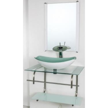 Imagem de Gabinete De Vidro Para Banheiro Inox 60cm Cuba Oval Chanfrada Branco -