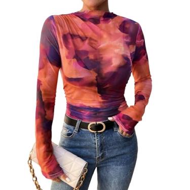 Imagem de Milumia Camisetas femininas de manga comprida com gola redonda franzida e malha tie dye, Rosa coral, PP