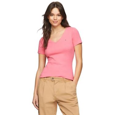 Imagem de Tommy Hilfiger Camiseta feminina com logotipo de cor lisa com gola V, (Coleção 2024) Glamour Pink., GG