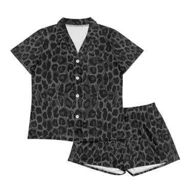 Imagem de Gzzxiailg Conjunto de pijama feminino de duas peças com botões, conjunto de pijama combinando de verão e shorts de manga curta com bolsos, Leopardo preto, G
