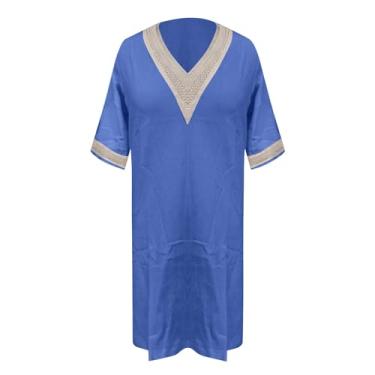 Imagem de Vestido feminino 2024 verão camiseta manga 3/4 algodão linho solto praia decote V renda patchwork vestido reto, Azul, M