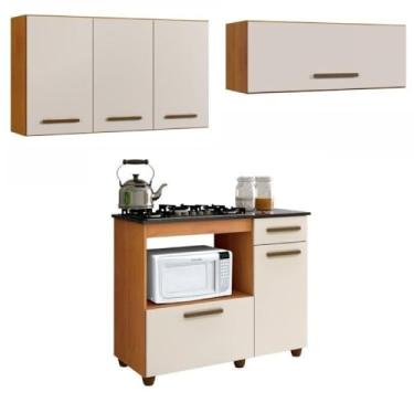 Imagem de Conjunto Balcão para Cooktop 5 bocas 2 portas com nicho e 2 Armários Aéreo Nature/off White