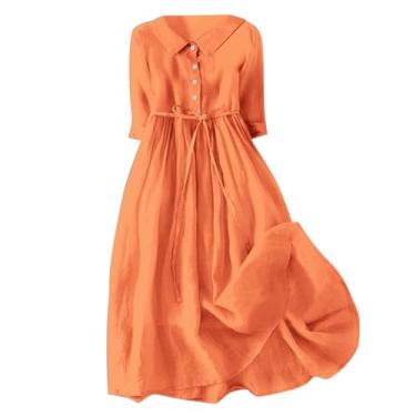 Imagem de Elogoog Vestidos de verão para mulheres 2024 gráfico franzido havaiano vestido maxi elegante manga curta cintura elástica floral vestido de trabalho, F-laranja, GG