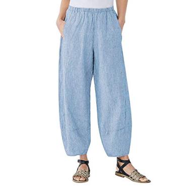 Imagem de Calça de moletom feminina larga de cintura alta folgada verão algodão linho calça social aconchegante calça gaúcha, Azul, G