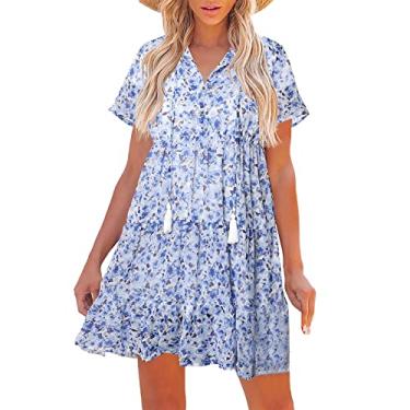 Imagem de Vestido feminino de verão manga curta plus size vestido curto fofo vestido rodado vestido boutique vestido casual de comunhão, Azul, P