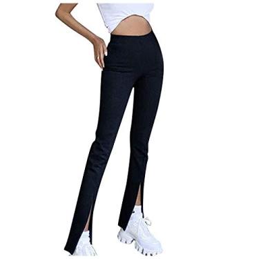 Imagem de Calça feminina flare larga cintura alta calça jeans verão algodão calça social slim fit casual, Preto, M