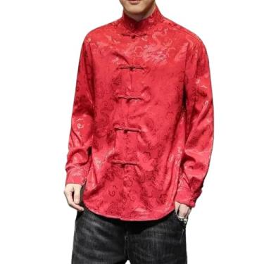Imagem de Buckle Tang Jackets blusa prata gola mandarim vermelho roupas ano chinês azul cetim seda camisas masculinas, Vermelho, XXG