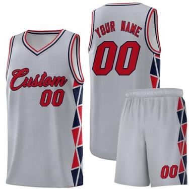 Imagem de Camiseta de basquete personalizada com shorts atléticos, roupa de treino esportiva leve personalizada para homens/jovens, Cinza claro/vermelho-azul-marinho 4, One Size