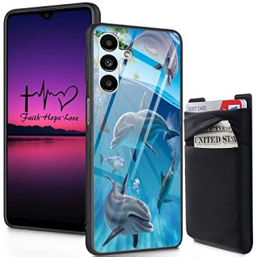 Imagem de FGDRFGRW Carteira adesiva para cartão de telefone, parte traseira de vidro temperado com capa protetora de choque de silicone macio para Samsung Galaxy A14 5G 6,6 polegadas (2023), golfinho fofo