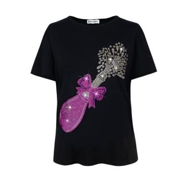 Imagem de PESION Camiseta feminina de manga curta com lantejoulas, gola redonda, estampa engraçada, Preto + champanhe, 3G