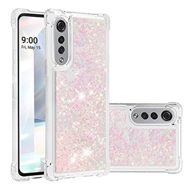 Imagem de Asdsinfor Capa para celular LG Velvet 5G, Glitter Liquid Cute Clear Flowing Quicksand TPU com cinto anti-queda capa de proteção à prova de choque para LG Velvet 5G Silver Pink Star LSYB