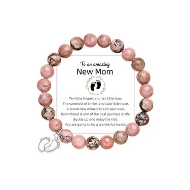 Imagem de Presentes New Mom Pulseiras de pedra natural Mommy to Be Pegada Pulseira elástica com contas First Time Moms com cartão de presente de mensagem, 8mm, Pedra, Sem Pedra Preciosa