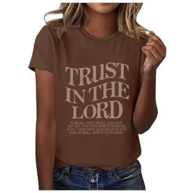 Imagem de Camisetas femininas cristãs de verão 2024 com estampa Jesus Faith camiseta casual inspiradora de manga curta, Ofertas relâmpago marrom, GG