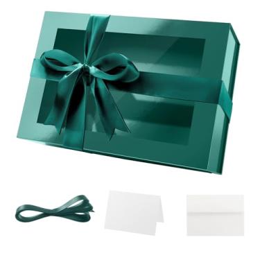 Imagem de PACKQUEEN Caixa de presente verde grande com janela, caixa de presente transparente de 35 x 23 x 10 cm. Contém fita, cartão, caixa de proposta de padrinho com tampa magnética (verde brilhante)