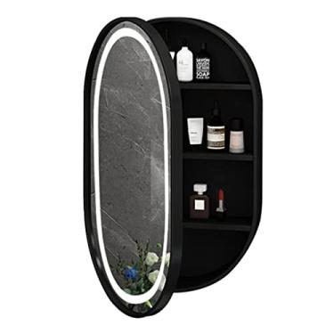 Imagem de Armário de remédios WolFum com espelho Armário de espelho de banheiro oval aplicável ao corredor, armário de espelho inteligente de quarto com luz e desembaçamento (cor: preto, tamanho: 50 * 80 * 14