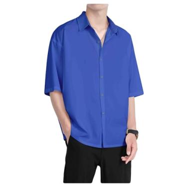 Imagem de Dressnu Camisa masculina de manga curta blusa de seda gelo de verão, Azul royal, G