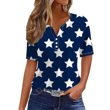 Imagem de Camisetas femininas 4th of July Tops Button V Flag American Flag Shirt Star Striped Patriotic Blusas soltas verão, Azul, G