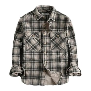 Imagem de Camisetas masculinas xadrez de veludo cotelê algodão primavera outono pesado lavado trabalho blusas retrô estilo ocidental casual tops, Xadrez cinza, M
