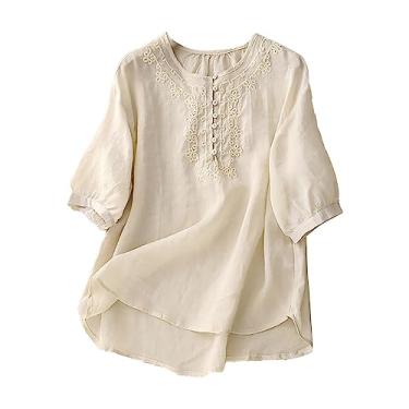Imagem de Camisetas femininas de linho com gola redonda e manga curta, bordadas, floral, mistura de algodão, camiseta casual, Branco, GG