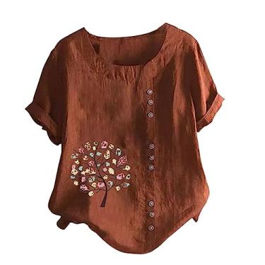 Imagem de Blusa feminina de linho com botões, manga curta, estampa floral, gola redonda, casual, túnicas, Marrom, XXG
