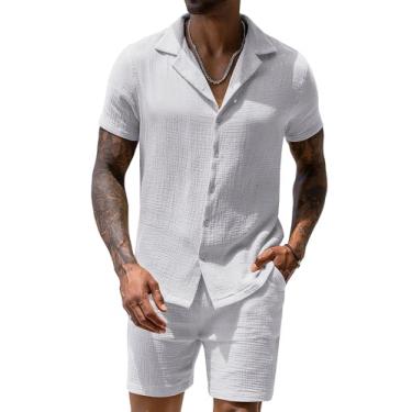 Imagem de URRU Conjunto masculino de linho 2024 moda verão manga curta camisa e shorts roupa praia tropical férias, Cinza, XXG