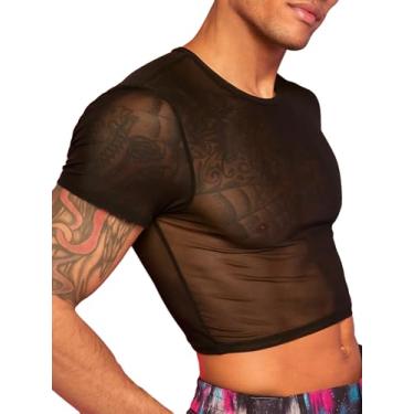 Imagem de GORGLITTER Camiseta masculina de malha transparente de manga curta, gola redonda transparente, Preto, XXG