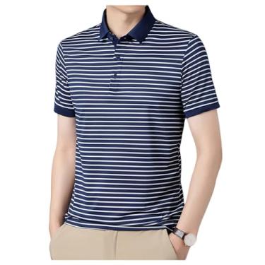Imagem de Camisa polo masculina listrada casual elástica manga curta fresca secagem rápida solta camiseta de tênis, Azul-escuro, 4G