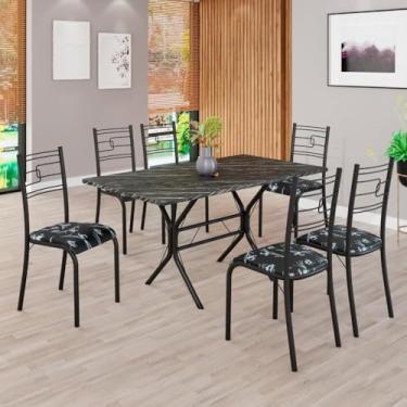 Imagem de Conjunto Sala de Jantar Mesa Retangular 140x75cm Tampo Pedra Ardósia Indiana 6 Cadeiras Paraty Preto Floral/Preto Fosco