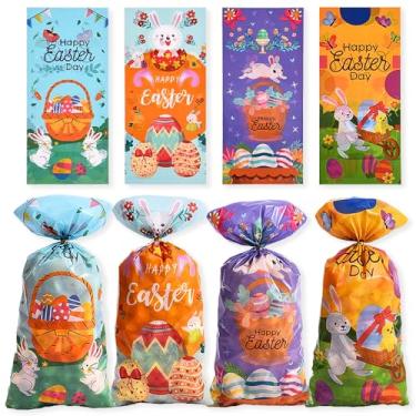 Imagem de 100 peças de sacos de doces de Páscoa, sacos de guloseimas de celofane de Páscoa, palavras de páscoa, sacos de biscoito de coelho, sacos de plástico OPP de primavera com laços torcidos para decoração