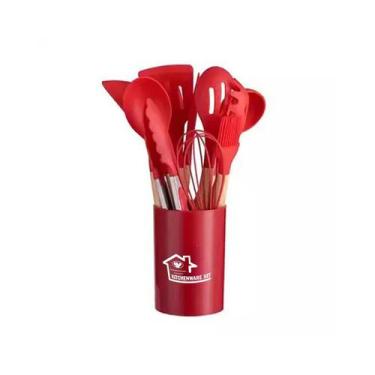 Imagem de Kit 12 Utensílios De Cozinha Em Silicone E Cabo De Madeira Resistente 