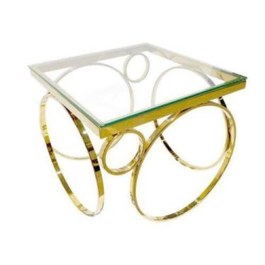 Imagem de Mesa Canto Metal Dourado Moderno Circulos T Vidro Quadrado - LUXdécor