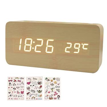 Imagem de Desperr digital de madeira com 8 níveis de brilho ajustável, relógio digital com LED, hora, data, tempeura, controle de som, modo de dia da semana/fim de semana para quarto, mesa de cabeceira, es