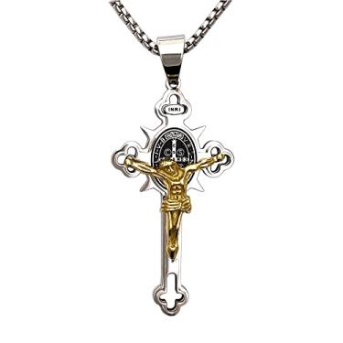 Imagem de Tapp Collections Colar com pingente de cruz de crucifixo de São Bento de aço inoxidável INRI, Dourado, prata, Pendant: 60 x 32 mm; Necklace: 22" + 2" extension