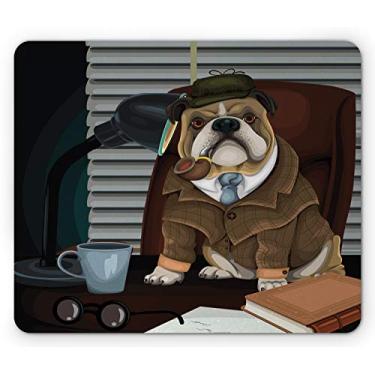 Imagem de Ambesonne Mouse pad buldogue inglês, imagem tradicional de cachorro e chapéu de detetive Sherlock Holmes, mousepad retangular de borracha antiderrapante, tamanho padrão, marrom vinho