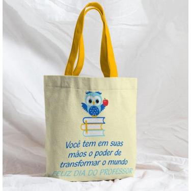 Imagem de Bolsa Sacola Artesanal de Tecido Dia do Professor Coruja Amarelo - Cor