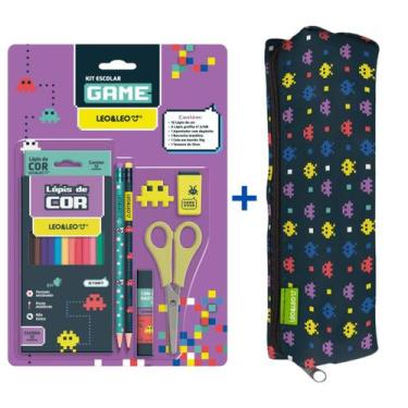 Imagem de Kit Game Escolar Estojo + Lápis + Cola + Tesoura + Borracha + Apontado
