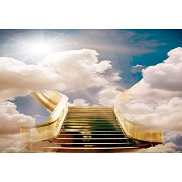 Imagem de DORCEV Escadas para o Céu de 3,6 x 3 m Cenário Paraíso Escadas Céu Luz Sagrada Nuvens Fotografia Fundo de Fotografia Eventos Cristãos Igreja Ore Deus Abençoe Chá de Bebê Recém-nascido Retrato Adereços de Estúdio Papel de Parede