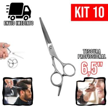 Imagem de Kit 10 Tesoura Cabeleireiro Profissional 6,5" Aço Inoxidável Barbearia
