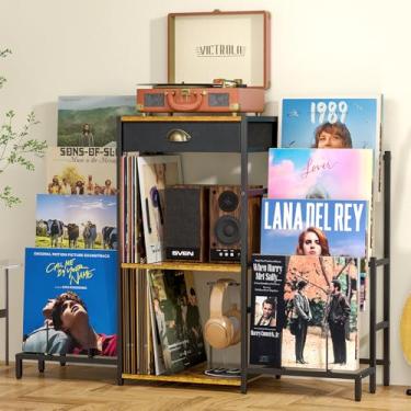 Imagem de Suporte para toca-discos com armazenamento de vinil, mesa de toca-discos com prateleira de exibição de 8 camadas de até 200 álbuns, suporte de disco de vinil com gabinete de toca-discos, suporte para