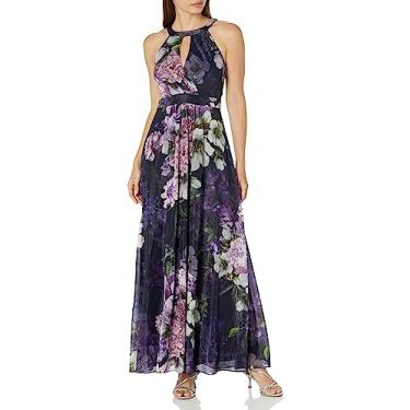 Imagem de Jessica Howard Vestido feminino curto floral de chiffon Lurex – Vestido maxi sem mangas para convidados de casamento, Azul marinho/multi, 38