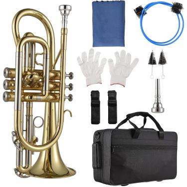 Imagem de Bb Cornet Instrumento de latão Pintura de superfície dourada Corneta de latão profissional com estojo de transporte Luvas Pincéis de pano de limpeza para estudantes e iniciantes