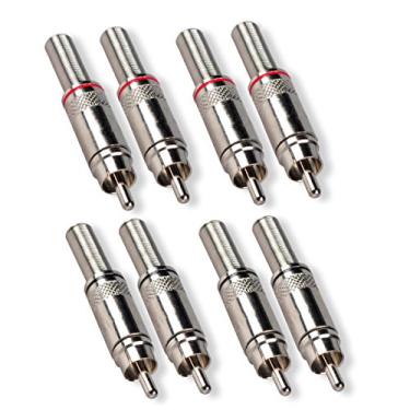 Imagem de Conector de solda RCA, 4 pares de parafusos macho RCA Besmelody de solda, adaptador de tomada de áudio e vídeo em linha com alívio de tensão de mola