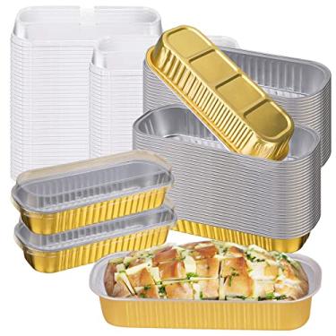 Imagem de Merkaunis 100 Conjuntos de Formas de Papel Alumínio com Tampa, Mini Formas de Pão, Formas Retangulares de Papel Alumínio para Assar, Latas, Recipientes para Ramequins, Cupcakes, Br(100 Conjuntos Ouro)