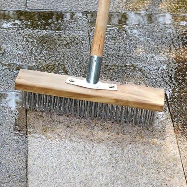 Imagem de Escova de Piso de Arame de Aço Inoxidável, Cabeça de Escova de Superfície áspera para Limpeza Forte, Ideal para Decks, Garagens, Concreto Com Cabo de Madeira de Pinho, para